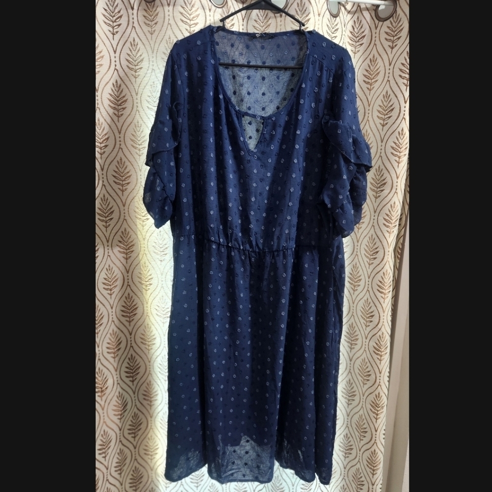 BloomChic Navy Dot Flutter Sleeve Midi Dress